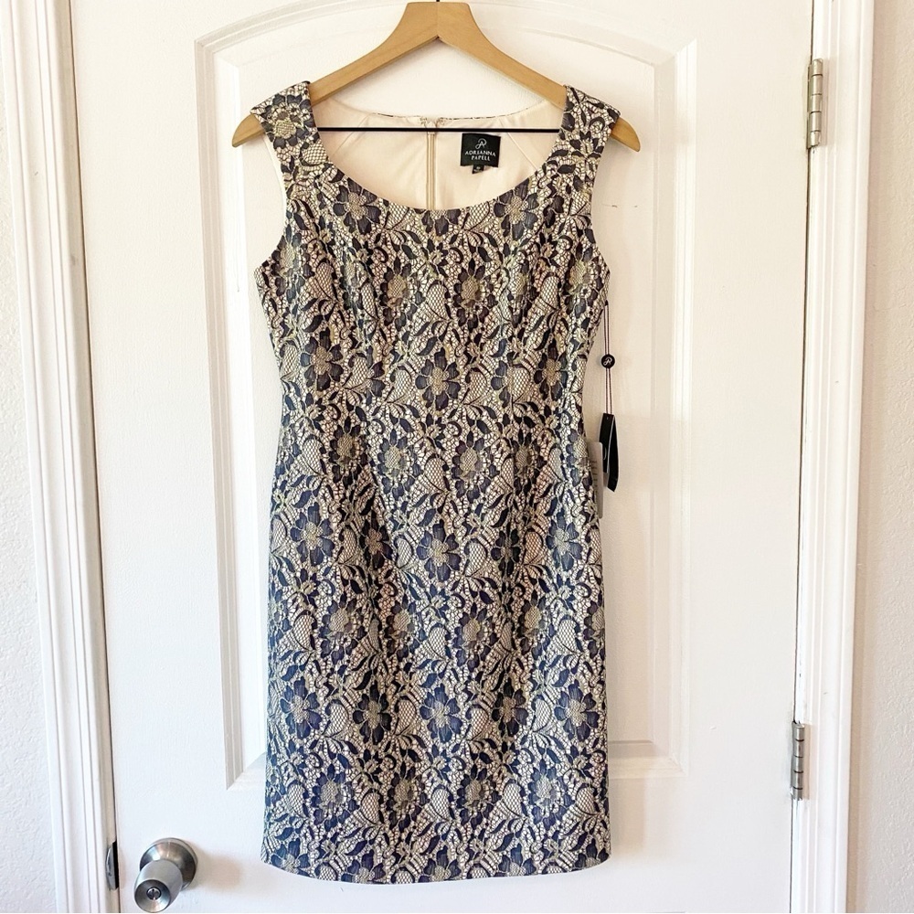 ADRIANNA PAPPEL Classic Metallic Floral Lace Dress NWT Knee Length